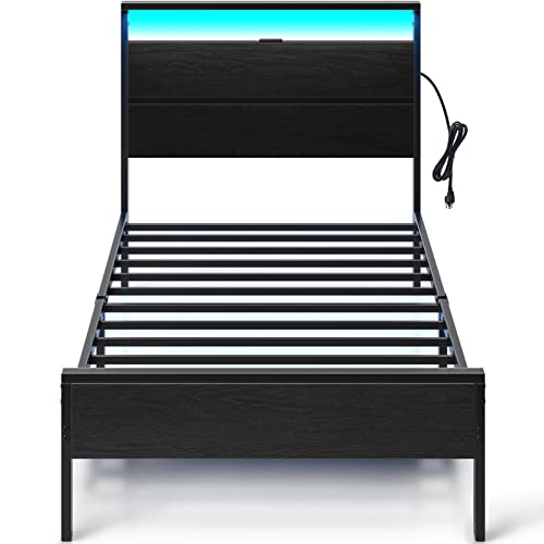 Rolanstar Bed Frame with Charging Station, Twin Bed with LED Lights Headboard, Metal Platform, Strong Metal Slats, 10.2” Under Bed Storage Clearance, No Box Spring Needed, Noise Free