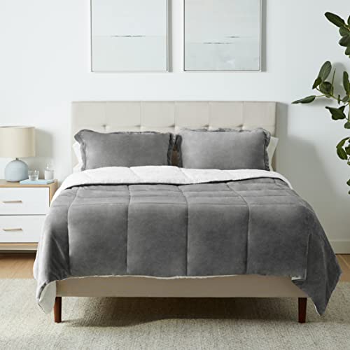 Amazon Basics Ultra-Soft Micromink Sherpa Comforter 3-Piece Bedding Set, Full/Queen, Charcoal