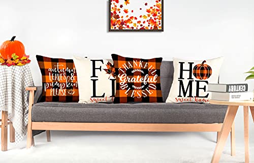 4TH Emotion Fall Decor Pillow Covers 18x18 Set of 4 Thanksgiving Buffalo Check Farmhouse Decorations Orange Black Pumpkin Maple Leaves Outdoor Decorative Throw Cushion Case for Home Couch TH025-18