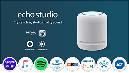 Echo Studio | Our best-sounding smart speaker ever - With Dolby Atmos, spatial audio processing technology, and Alexa | Glacier White