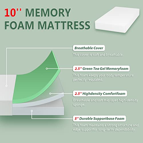 PayLessHere 10 Inch Mattress Green Tea Memory Foam Mattress CertiPUR-US Certified,Removable Soft Cover,Fiberglass Free,Twin mattresses for Bed Frame, Bunk Bed, Trundle, Daybed,White