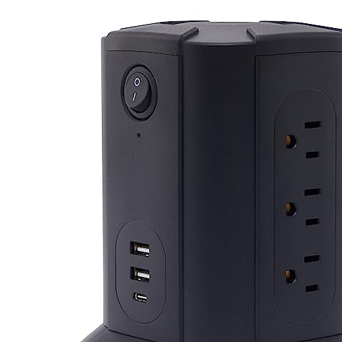 Amazon Basics Octagonal Power Strip Tower Surge Protector 1080J, 9 Outlet, USB-C, 2 USB-A Port, 15A, 6ft Cord, Black