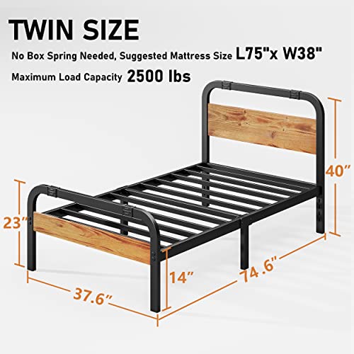 Breezehome Bed Frame with Wooden Headboard, Heavy Duty Platform Metal, No Box Spring Needed, Strong Metal Slats Support, Noise-Free, Twin Size