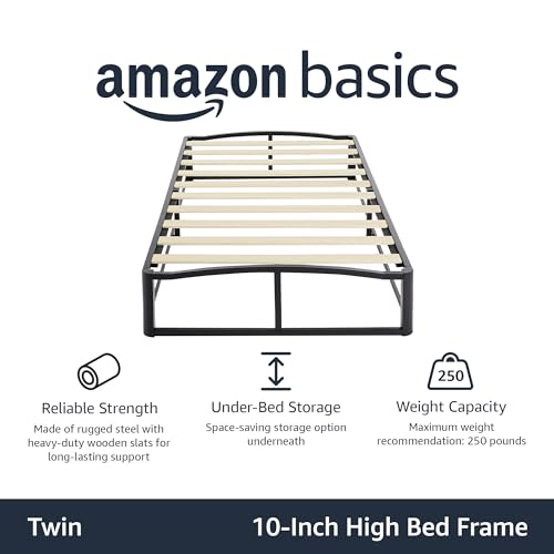 Amazon Basics Metal Platform Bed Frame with Wood Slat Support, 10 Inches High, Twin, Black