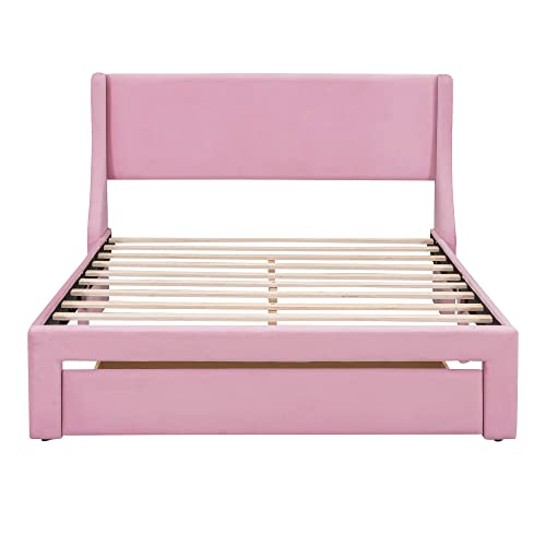 HBRR Queen Size Bed Frame with Drawer and Headboard, Velvet Upholstered Platform Bed with Wood Slats, Mattress Foundation, No Box Spring Needed, Easy Assembly, Pink