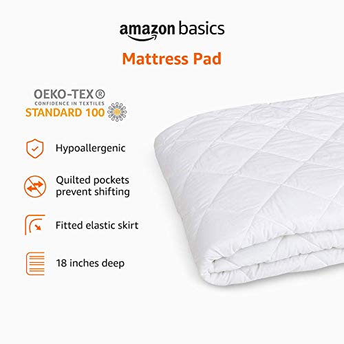 Amazon Basics Hypoallergenic Quilted Mattress Topper Pad, 18 Inches Deep, Queen, White