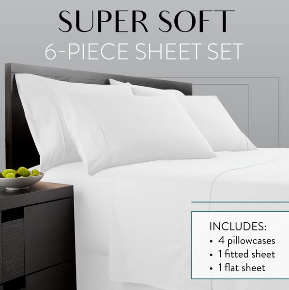 Danjor Linens Queen Sheet Set - 6 Piece Set Including 4 Pillowcases - Deep Pockets - Breathable, Soft Bed Sheets - Wrinkle Free - Machine Washable - White Sheets for Queen Size Bed - 6 pc