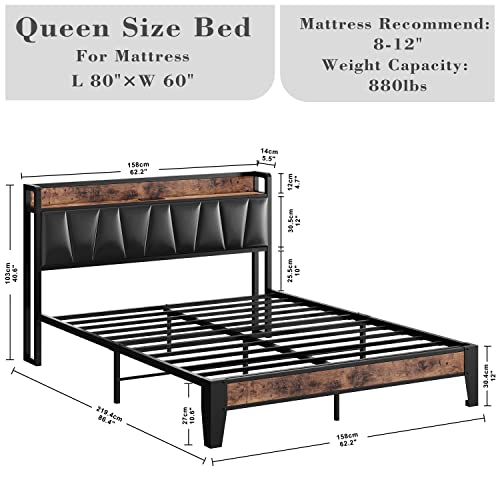 LIKIMIO Queen Bed Frame, Storage Headboard with Charging Station, Solid and Stable, Noise Free, No Box Spring Needed, Easy Assembly (Vintage and Black)