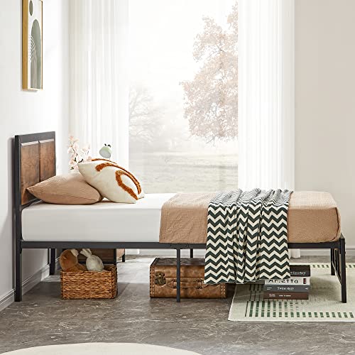 VECELO Twin Platform Bed Frame/Mattress Foundation with Rustic Vintage Wood Headboard, Strong Metal Slats Support, No Box Spring Needed