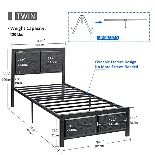 VECELO Twin Size Platform Bed Frame with Black Wood Headboard, Mattress Foundation, Strong Metal Slats Support, No Box Spring Needed