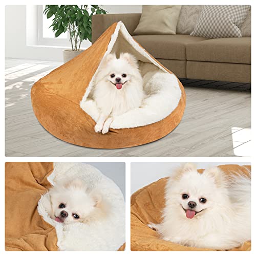 MICOOYO Covered Dog Bed Large - Donut Camling Dog Beds for Large Dogs with Hooded Blankets, Round Cuddler Pet Beds for Puppy Cats Washable (Khaki, 30")