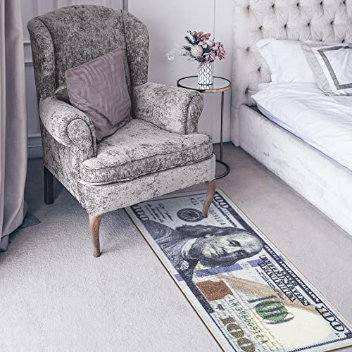 Machine Washable $100 Bill Design Non-Slip Rubberback 22x53 Modern Runner Rug for Hallway, Kitchen, Bedroom, 22" x 53", Multicolor