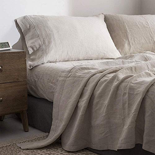 Simple&Opulence 100% Washed Linen Sheet Set-King Size-Natural France Flax Bed Sheet-4 Pcs Breathable,Ultra Soft,Farmhouse Bedding (1 Flat Sheet,1 Fitted Sheet,2 Pillowcases)-Embroidery Linen