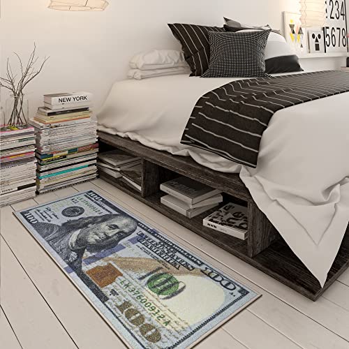 Machine Washable $100 Bill Design Non-Slip Rubberback 22x53 Modern Runner Rug for Hallway, Kitchen, Bedroom, 22" x 53", Multicolor