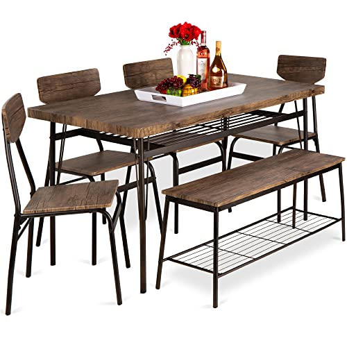 Best Choice Products 6-Piece 55in Modern Dining Set for Home, Kitchen, Dining Room w/Storage Racks, Rectangular Table, Bench, 4 Chairs, Steel Frame - Brown