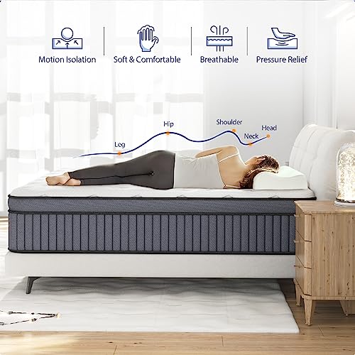 EEN EEN SLEEP Queen Mattress, 12 Inch Hybrid Mattress in a Box, Queen Size Mattress Foam and Individually Wrapped Pocket Coils, Soft and Breathable, Pressure Relief, Strong Edge Support, Medium Firm