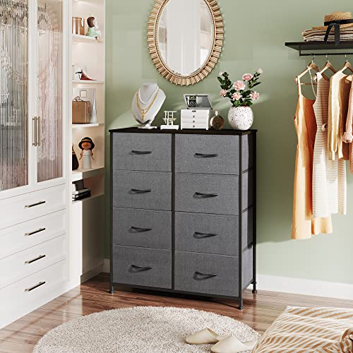 WLIVE Fabric Dresser for Bedroom, Tall Dresser with 8 Drawers, Storage Tower with Fabric Bins, Double Dresser, Chest of Drawers for Closet, Living Room, Hallway, Dormitory, Dark Grey