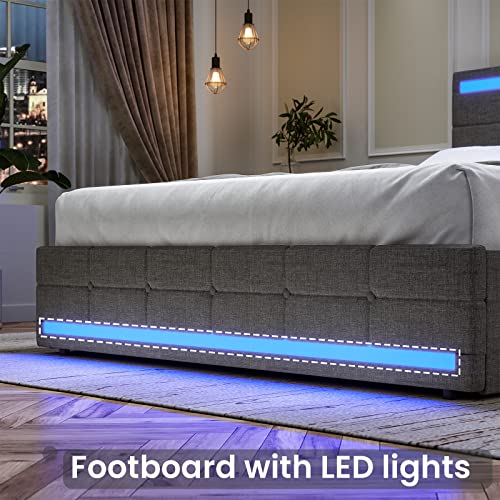 ADORNEVE LED Full Size Bed Frame with Storage Drawers, Platform Bed Frame with 2 USB Ports, Upholstered Bed with LED Lights Headboard Footboard, Square Stitched Button Tufted Design, Dark Grey