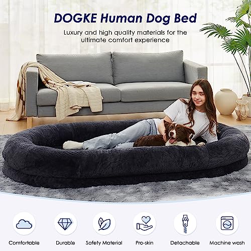DOGKE Large Human Dog Bed, 260GSM Luxury Fur Human Size Dog Bed for People,Waterproof Washable Giant Dog Bed for Human,Human Dog Bed for People Adults and Pets, Present Soft Blanket(72"x48"x10",Grey)