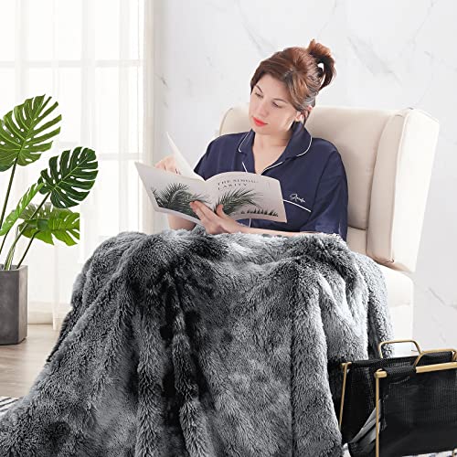 EASELAND Soft Faux Fur and Sherpa Shaggy Throw Blanket,Reversible Warm Thick Fleece Fuzzy Shag Throws, Luxury Furry Plush Fluffy Decorative Cozy Blankets for Couch Sofa Bed Chair, Tie Dye Grey,Travel