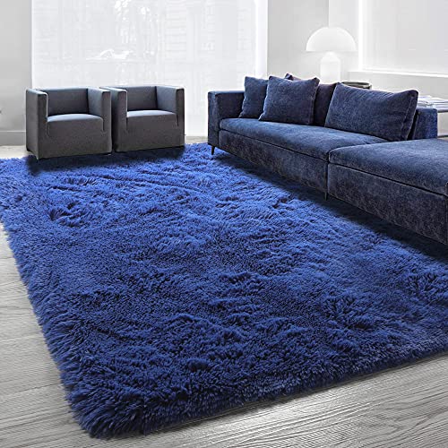 Fluffy Round Area Rug Carpets 4ft, Navy Blue Modern Art Plush