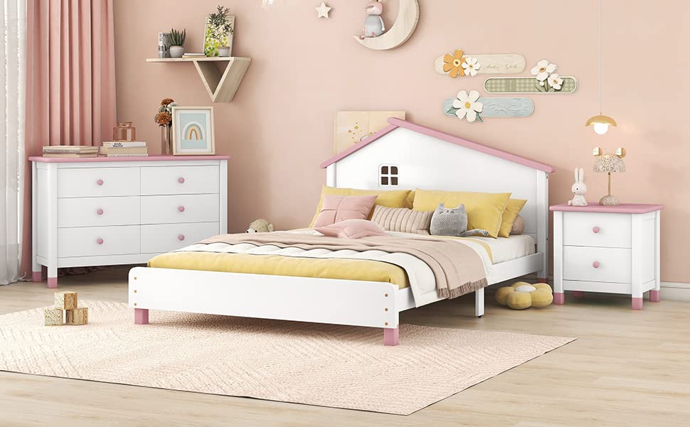 CITYLIGHT 3 Pieces Full Bedroom Sets, Full Size House Platform Bed with Headboard, 6 Drawer Dresser and One Nightstand, Storage Bedroom Furniture Sets (White + Pink)