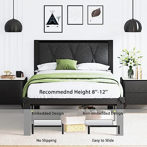 Feonase Twin Size Metal Bed Frame with Fabric Button Tufted Headboard, Platform Bed Frame with Heavy Duty Metal Slats, 12" Storage Space, Noise Free, No Box Spring Needed, Dark Grey