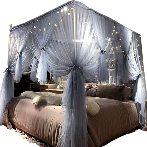 Joyreap 4 Corners Post Canopy Bed Curtain for Girls & Adults - Royal Luxurious Cozy Drape Netting - Cute Princess Bedroom Decoration (Gray-Blue, 59" W x 78" L, Full/Queen)