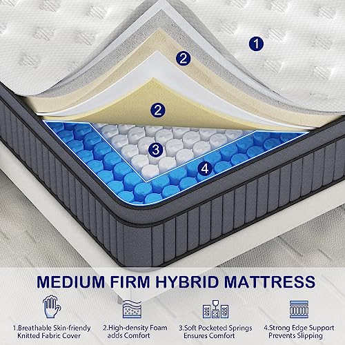 EEN EEN SLEEP Queen Mattress, 12 Inch Hybrid Mattress in a Box, Queen Size Mattress Foam and Individually Wrapped Pocket Coils, Soft and Breathable, Pressure Relief, Strong Edge Support, Medium Firm