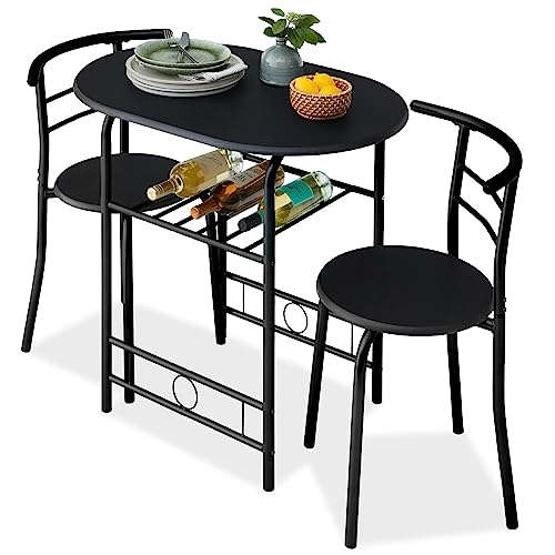 Best Choice Products 3-Piece Wooden Round Table & Chair Set for Kitchen, Dining Room, Compact Space w/Steel Frame, Built-in Wine Rack - Black