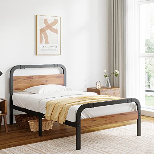 Breezehome Bed Frame with Wooden Headboard, Heavy Duty Platform Metal, No Box Spring Needed, Strong Metal Slats Support, Noise-Free, Twin Size
