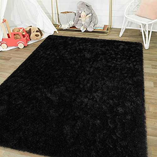 junovo Ultra Soft Area Rugs 3x5 Feet Fluffy Carpets for Bedroom Kids Girls Boys Baby Living Room Shaggy Floor Nursery Rug Home Decor Mats, Black