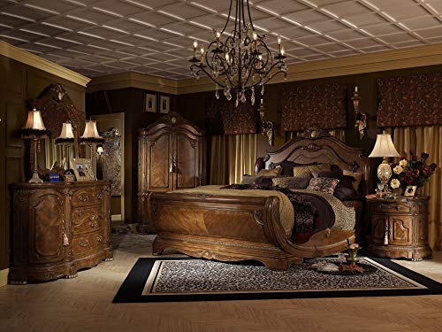 Aico Amini Cortina 6 PC Bedroom Set E King Sleigh Bed w 2 Bedside Chest in Honey Walnut