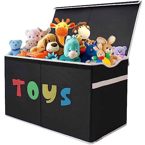 VICTORICH Toy Box Chest for Boys Girls, Collapsible Kids Toy Organizers Storage Bins Extra Large Toy Baskets with Lid & Handles for Clothes, Blanket, Nursery, Playroom, Bedroom, Stuffed Animals, Black