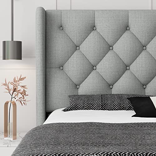 iPormis Queen Size Wingback Platform Bed Frame with Upholstered Button Tufted Headboard /8" Under-Bed Storage Space/ Wooden Slats / Noise-Free / Box Spring Optional / Easy Assembly, Light Grey
