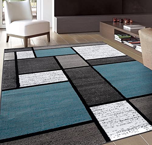 Rugshop Contemporary Modern Boxes Easy-Cleaning for Home Office,Living Room,Bedroom,Kitchen Non Shedding Area Rug 5' 3" X 7' 3" Blue/Gray