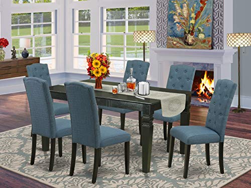 East West Furniture WECE7-BLK-21 Weston 7 Piece Dinette Set Consist of a Rectangle Table with Butterfly Leaf and 6 Mineral Blue Linen Fabric Parson Dining Chairs, 42x60 Inch, Black