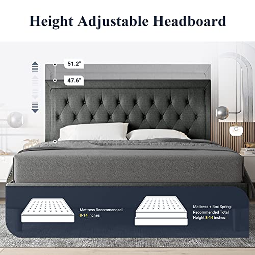 Allewie Queen Size Button Tufted Platform Bed Frame/Fabric Upholstered Bed Frame with Adjustable Headboard/Wood Slat Support/Mattress Foundation/Dark Grey (Queen)