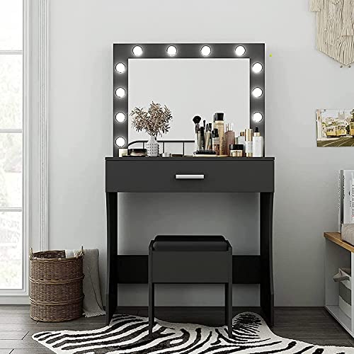 Titoni Vanity Set with Lighted Mirror, Makeup Vanity Table with Lights, Vanity Desk for Bedroom Lots Storage Makeup Desk Black