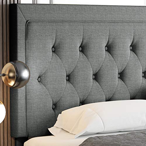 Allewie Queen Size Button Tufted Platform Bed Frame/Fabric Upholstered Bed Frame with Adjustable Headboard/Wood Slat Support/Mattress Foundation/Dark Grey (Queen)