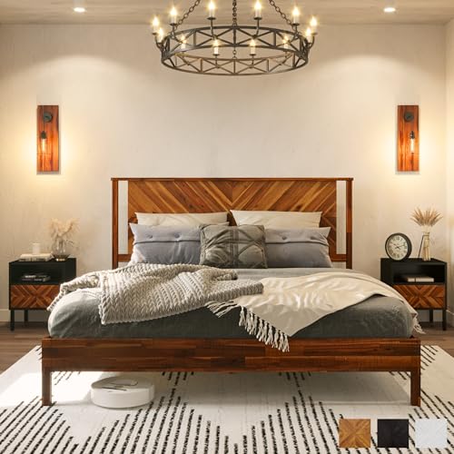 Bme Vivian 14 Inch Deluxe Bed Frame with Headboard - Rustic & Scandinavian Style with Solid Acacia Wood - No Box Spring Needed - Easy Assembly (Bed Frame, Rustic Golden Brown, King)
