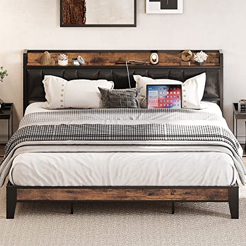 LIKIMIO King Bed Frame, Storage Headboard with Charging Station, Solid and Stable, Noise Free, No Box Spring Needed, Easy Assembly (Vintage and Black)