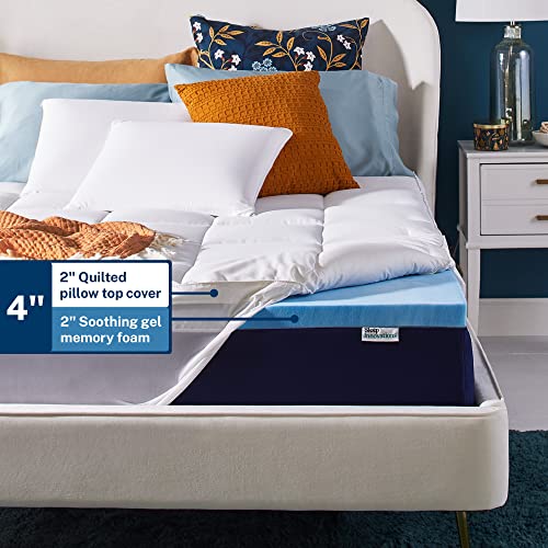 Sleep Innovations Dual Layer 4 Inch Memory Foam Mattress Topper, Twin Size, Medium Support, 2 Inch Cooling Gel Memory Foam Plus 2 Inch Pillow Top Cover