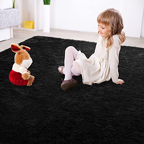 junovo Ultra Soft Area Rugs 3x5 Feet Fluffy Carpets for Bedroom Kids Girls Boys Baby Living Room Shaggy Floor Nursery Rug Home Decor Mats, Black