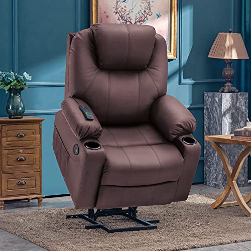 MCombo Electric Power Lift Recliner Chair Sofa with Massage and Heat for Elderly, 3 Positions, 2 Side Pockets, and Cup Holders, USB Ports, Faux Leather 7040 (Medium, Light Brown)
