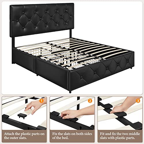 Yaheetech Queen Size Upholstered Bed Frame with 2 USB Charging Stations/Ports for Type A & Type C/4 Storage Drawers/Adjustable Headboard, Faux Leather Platform Bed with Strong Wooden Slats, Black