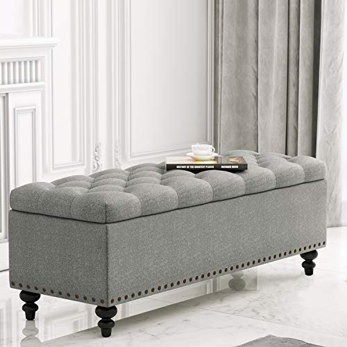 HUIMO 51-inch Storage Ottoman Bench with Button-Tufted, Ottoman with Storage, Bedroom Bench Safety Hinge Ottoman in Upholstered Fabrics, Large Storage Bench for Bedroom, Living Room (Grey-Tray)