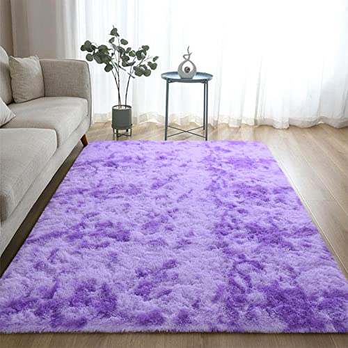 DweIke Super Soft Shaggy Rugs Fluffy Carpets, Tie-Dye Rugs for Living Room Bedroom Girls Kids Room Nursery Home Decor,Non-Slip Machine Washable Carpet,4x6 Feet Purple