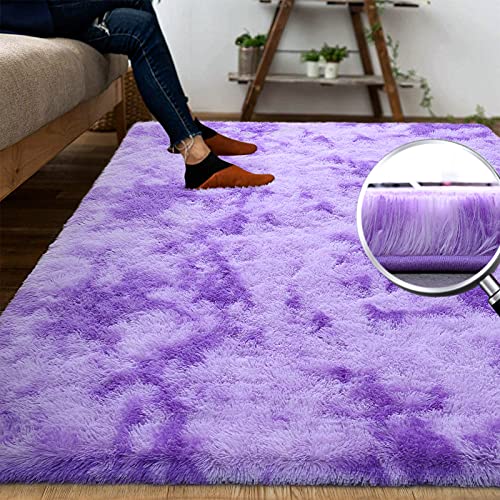 DweIke Super Soft Shaggy Rugs Fluffy Carpets, Tie-Dye Rugs for Living Room Bedroom Girls Kids Room Nursery Home Decor,Non-Slip Machine Washable Carpet,4x6 Feet Purple