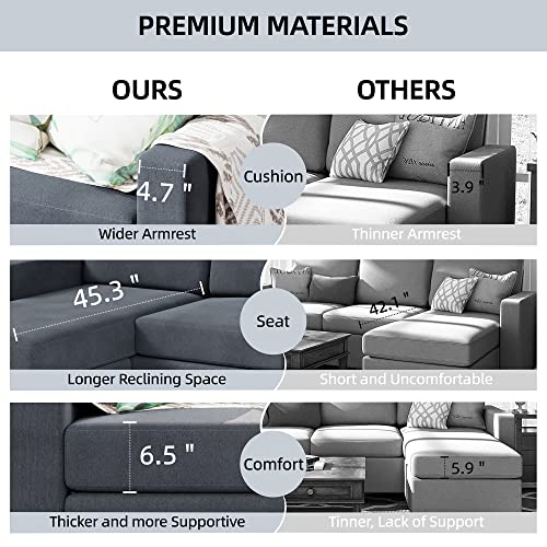 Shintenchi Convertible Sectional Sofa Couch, Modern Linen Fabric L-Shaped , 3-Seat Sofa Sectional with Reversible Chaise for Living Room, Apartment and Small Space (Dark Grey)